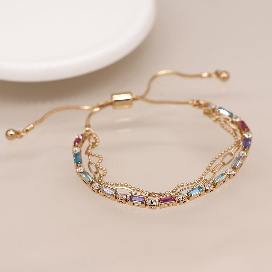 Golden Multicoloured Crystal & Chains Bracelet