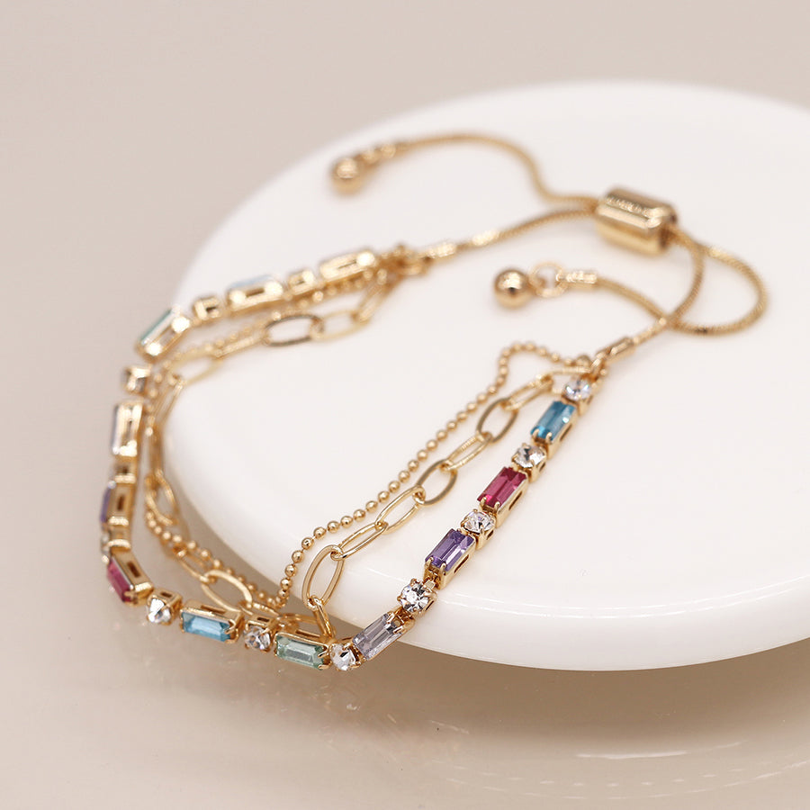 Golden Multicoloured Crystal & Chains Bracelet