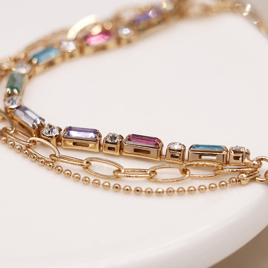 Golden Multicoloured Crystal & Chains Bracelet