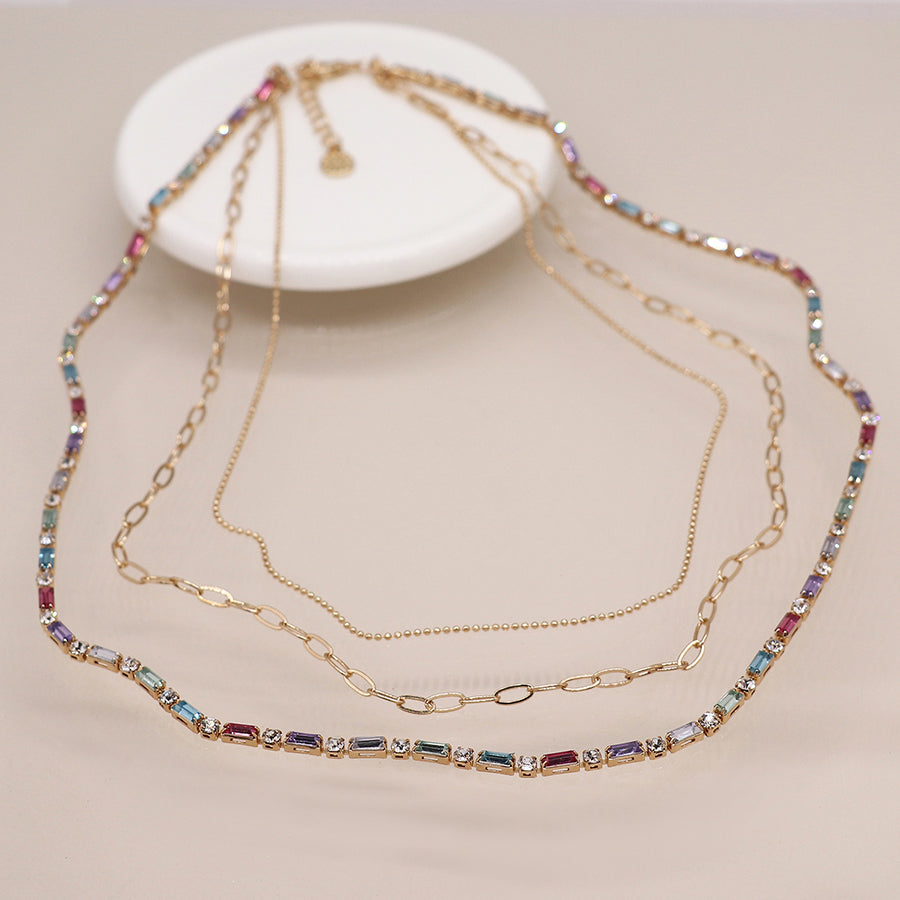 Golden Multicoloured Crystal & Chains Necklace