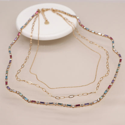 Golden Multicoloured Crystal & Chains Necklace