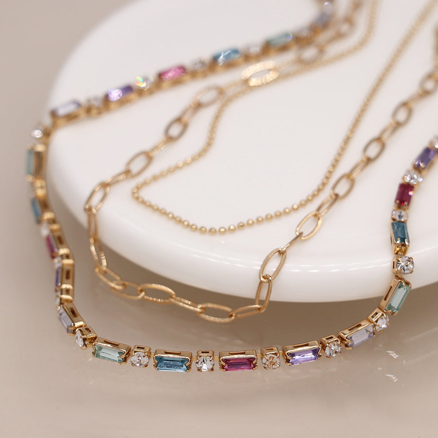 Golden Multicoloured Crystal & Chains Necklace