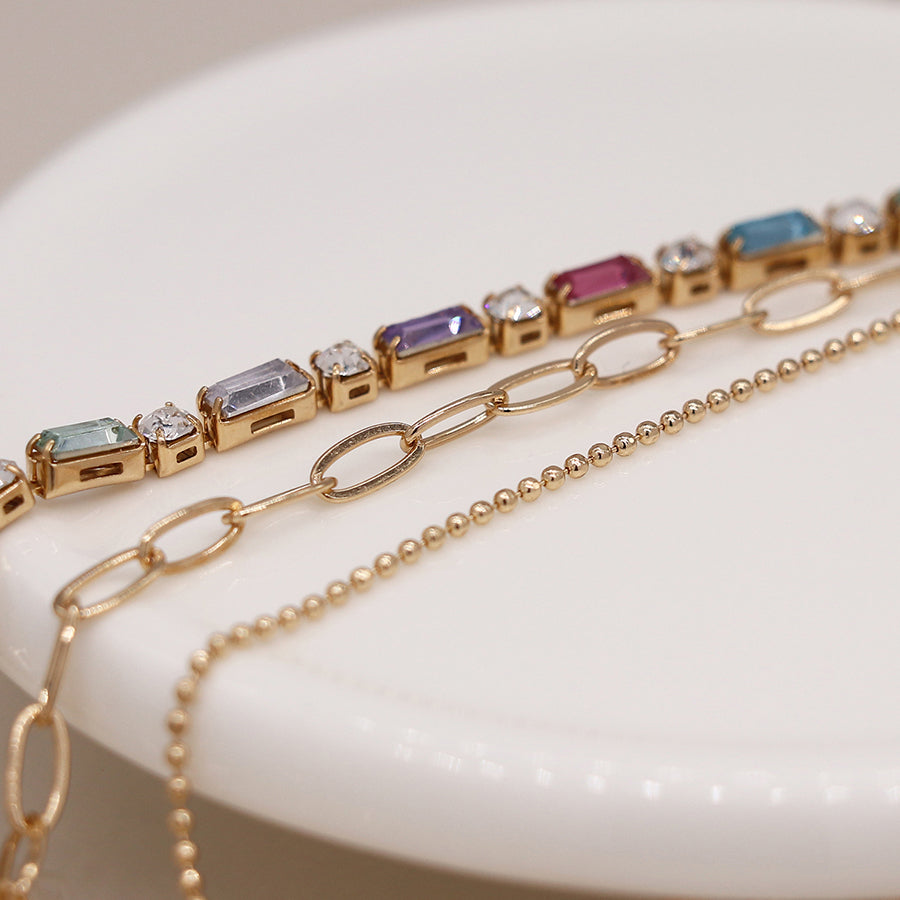 Golden Multicoloured Crystal & Chains Necklace