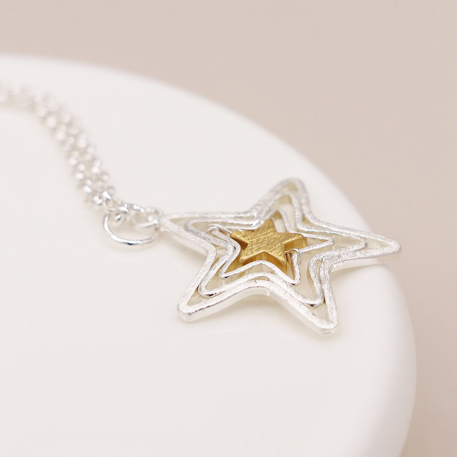 Two Tone Centre Wire Stars Necklace