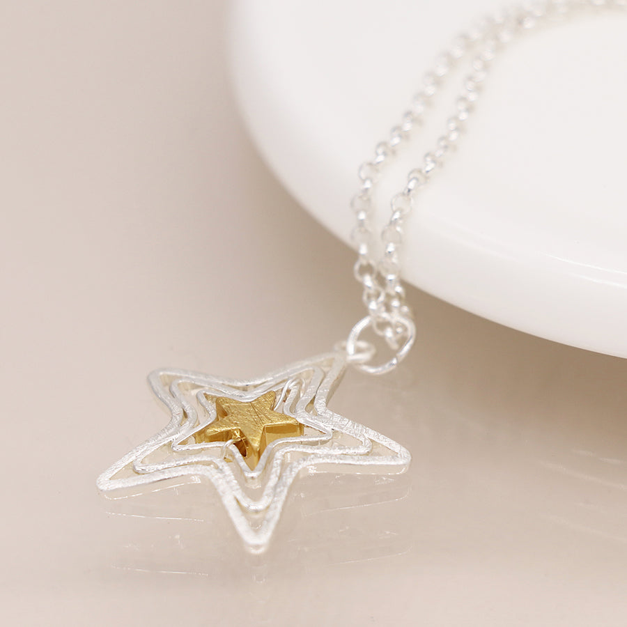 Two Tone Centre Wire Stars Necklace