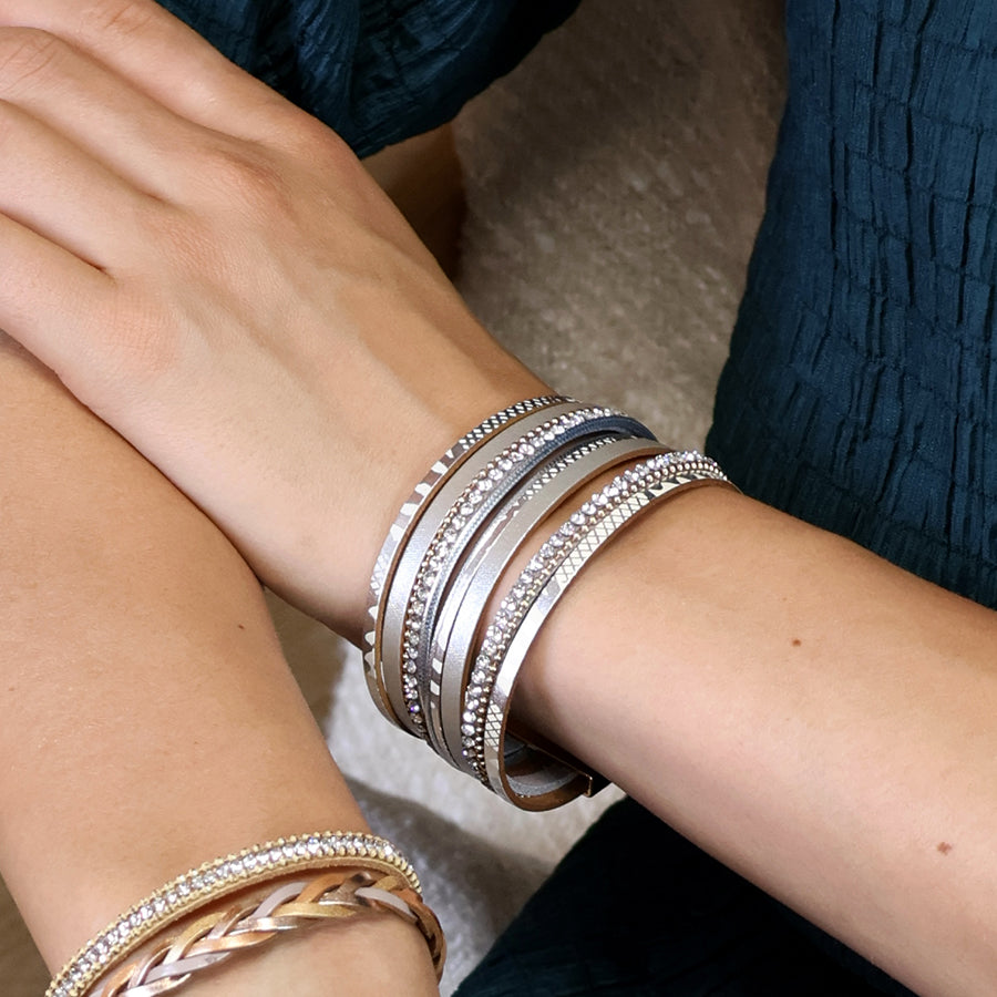 Grey Leather, Gold & Crystal Multistrand Bracelet