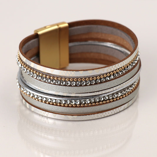 Grey Leather, Gold & Crystal Multistrand Bracelet