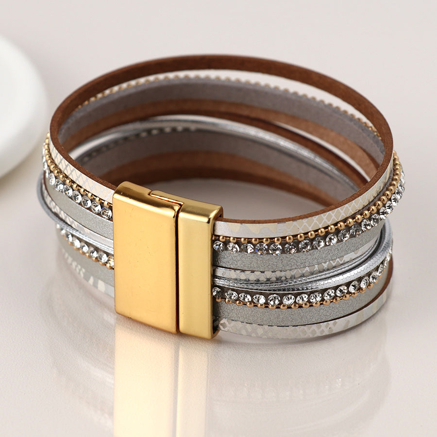 Grey Leather, Gold & Crystal Multistrand Bracelet