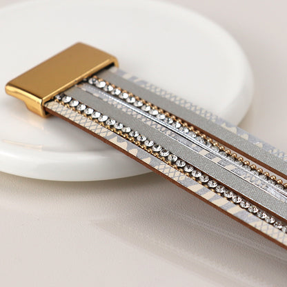 Grey Leather, Gold & Crystal Multistrand Bracelet