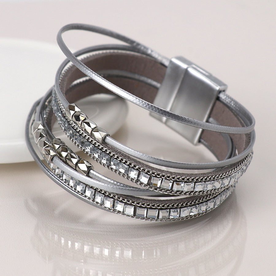 Grey Leather & Glass Multistrand Bracelet