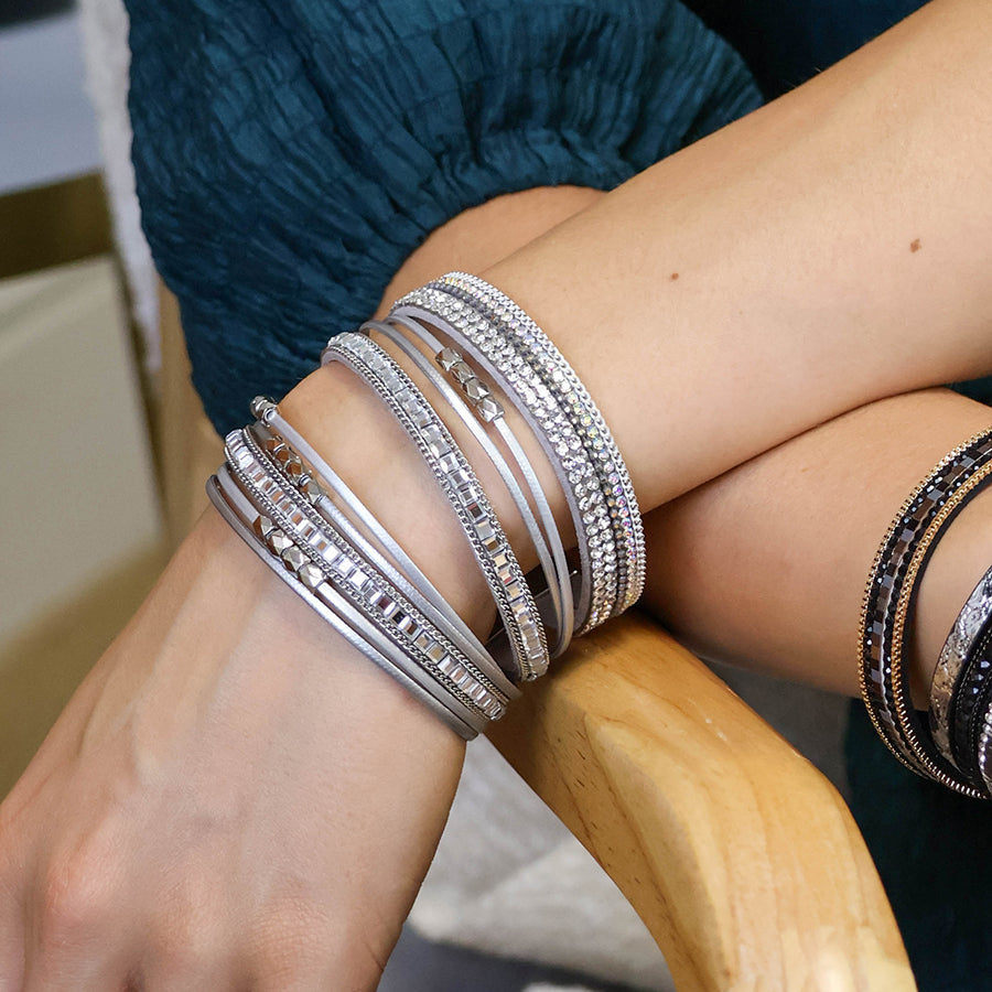 Grey Leather & Glass Multistrand Bracelet