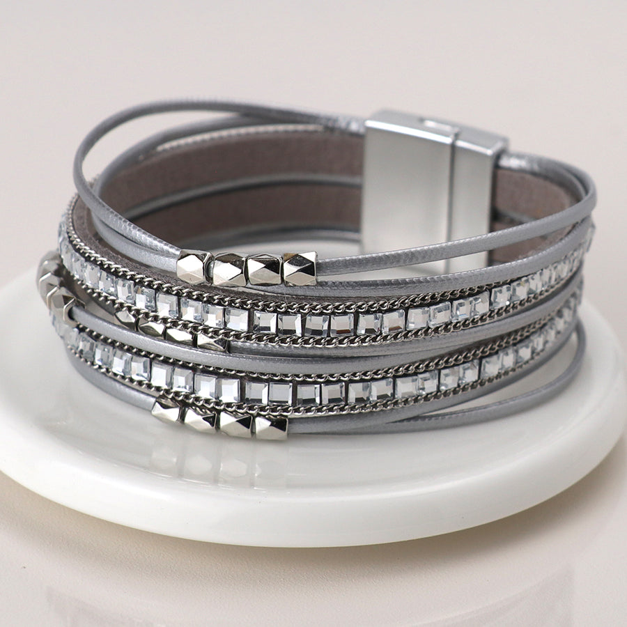 Grey Leather & Glass Multistrand Bracelet