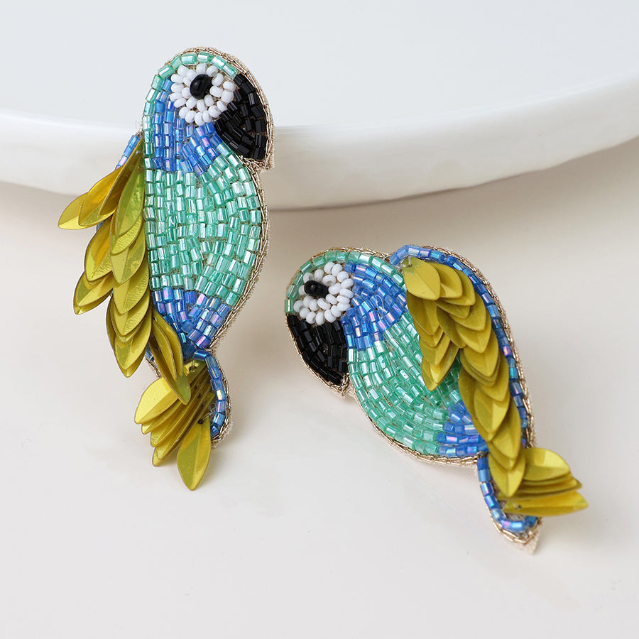 Embellished Lime, Blue Parrot Earrings