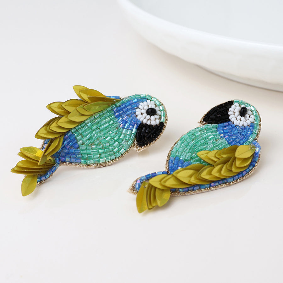 Embellished Lime, Blue Parrot Earrings