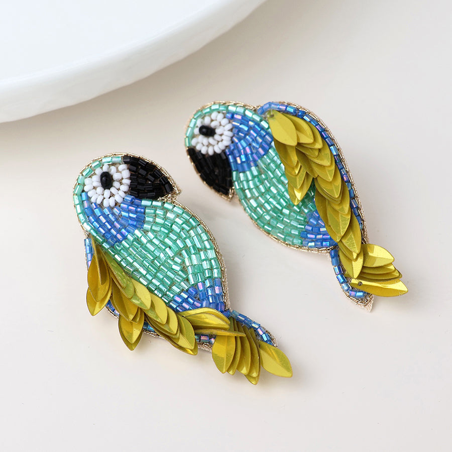 Embellished Lime, Blue Parrot Earrings