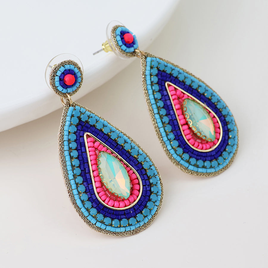 Embellished Blue & Pink Teardrop Earrings