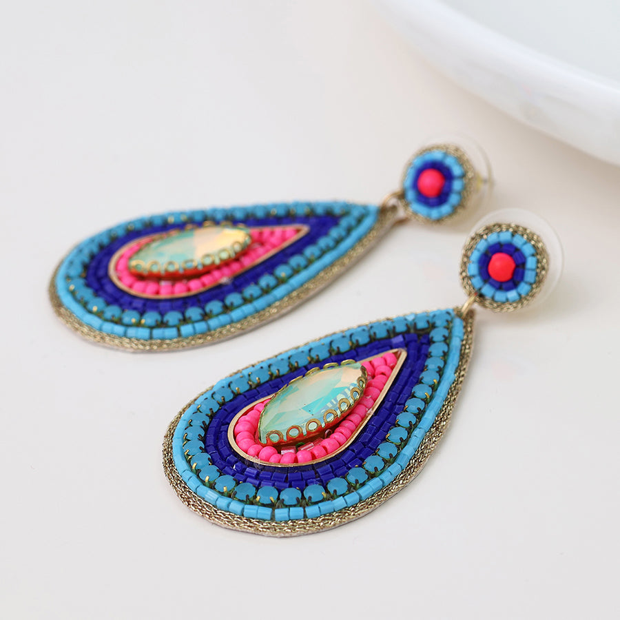 Embellished Blue & Pink Teardrop Earrings