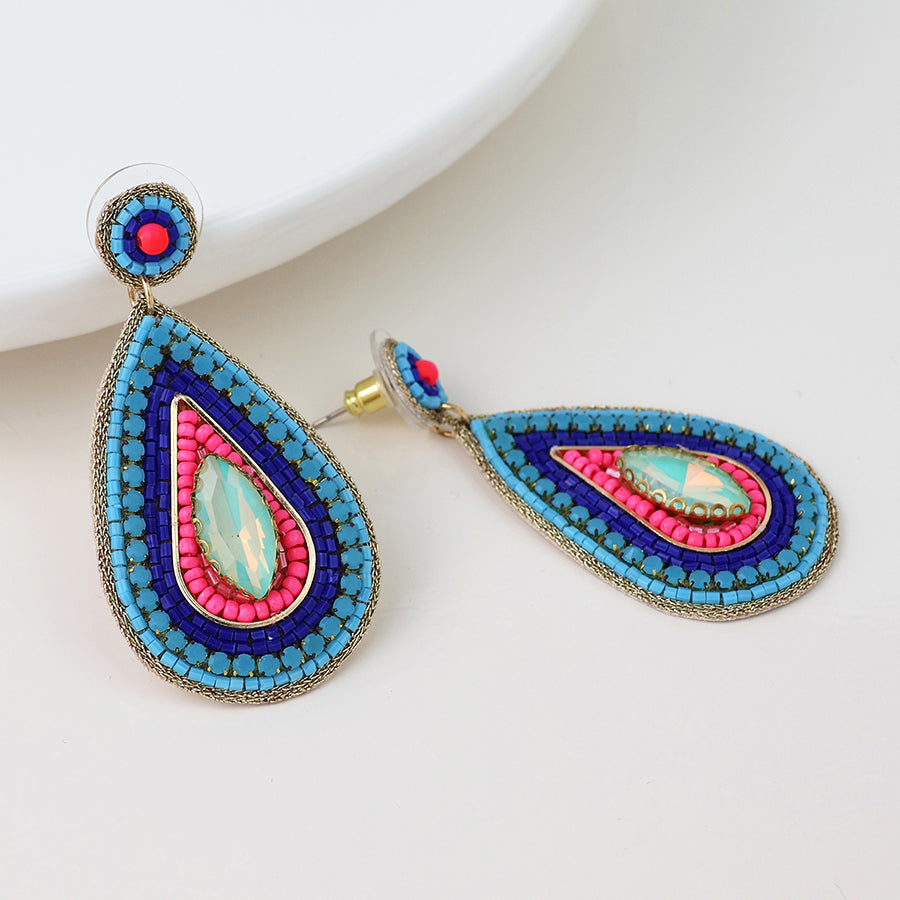 Embellished Blue & Pink Teardrop Earrings