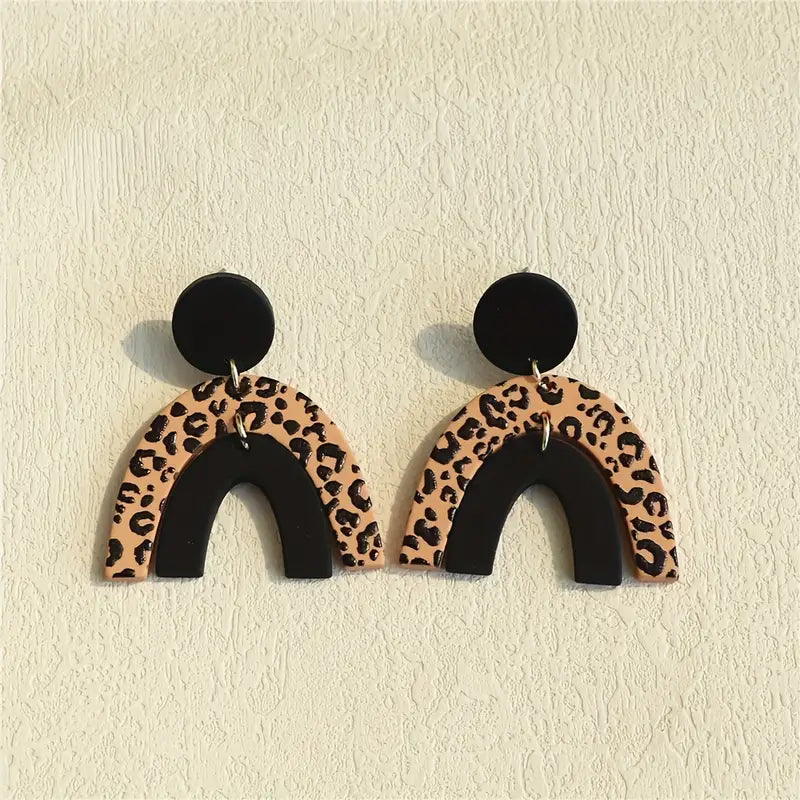 Acrylic Black & Tan Arch Shape Leopard Drop Earrings