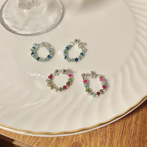 925 Sterling Silver Beaded Natural Stone Earrings | Multi Colour