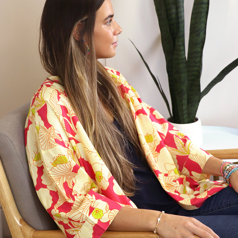 Long Red & Lime Mix Tropical Print Kimono