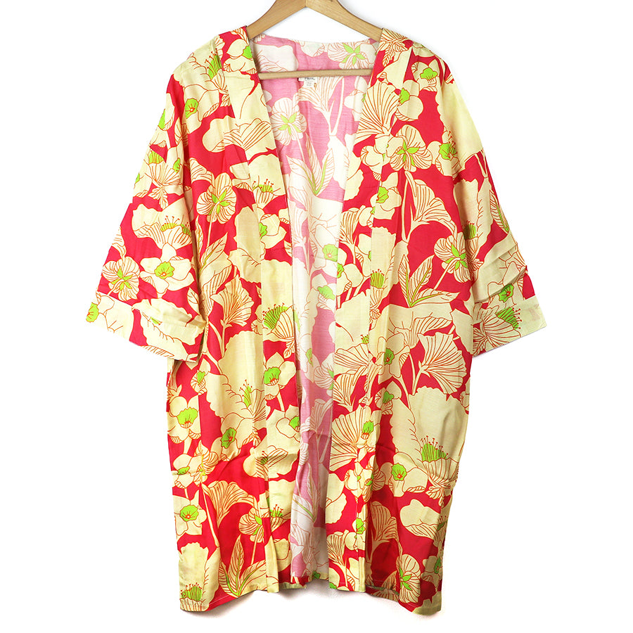 Long Red & Lime Mix Tropical Print Kimono