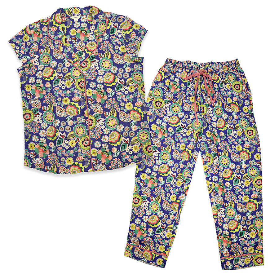 Blue & Yellow Retro Flower Print Pyjamas