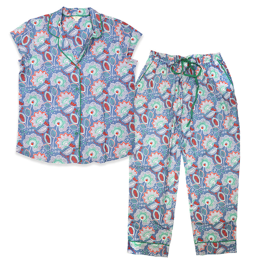 Blue & Red Paisley Floral Print Pyjamas | Small - Medium