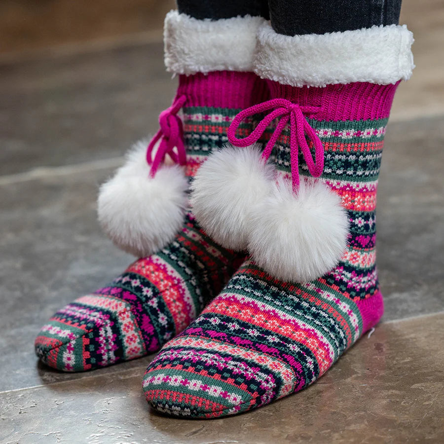 Bright Pink Fair Isle Sherpa Slipper Socks