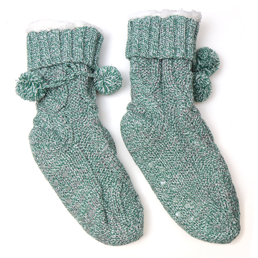 Dusky Aqua Cable Knit Sherpa Slipper Socks