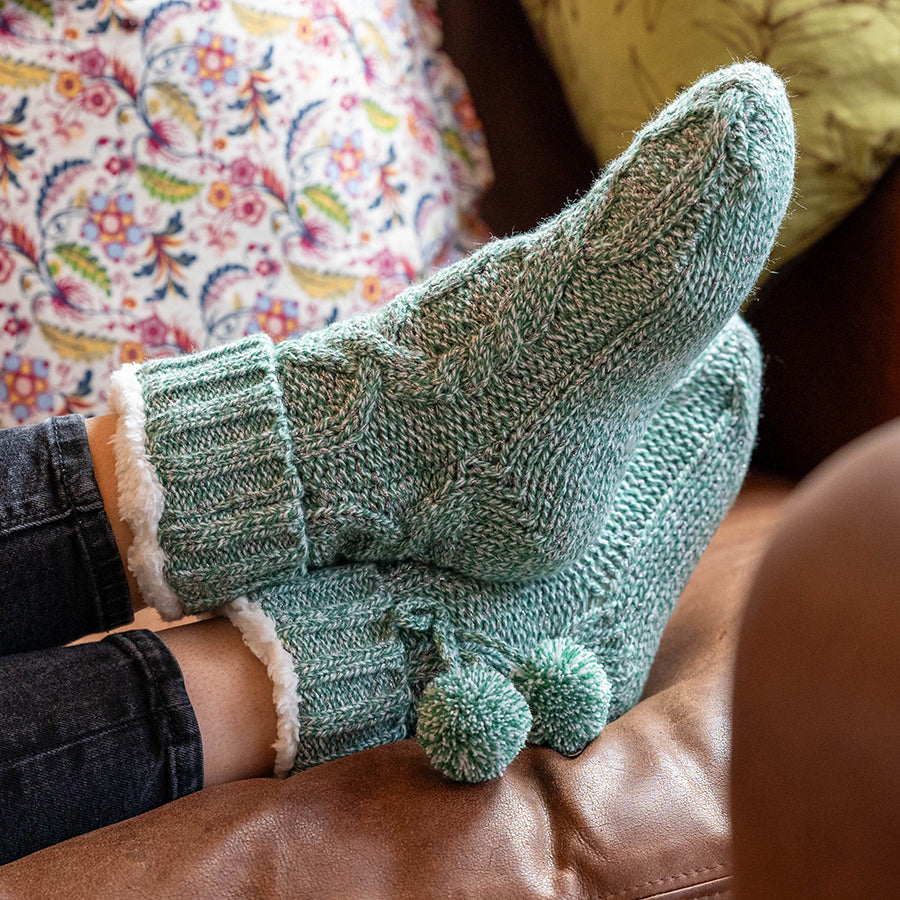 Dusky Aqua Cable Knit Sherpa Slipper Socks