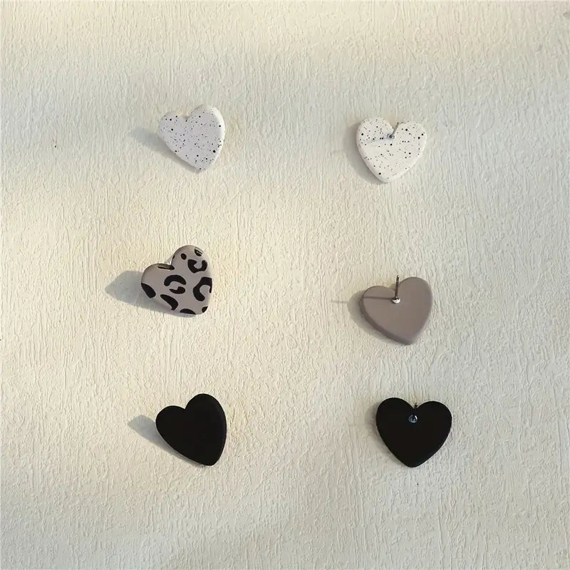 3 Pairs Of Acrylic Heart Studs | Black, Green & White