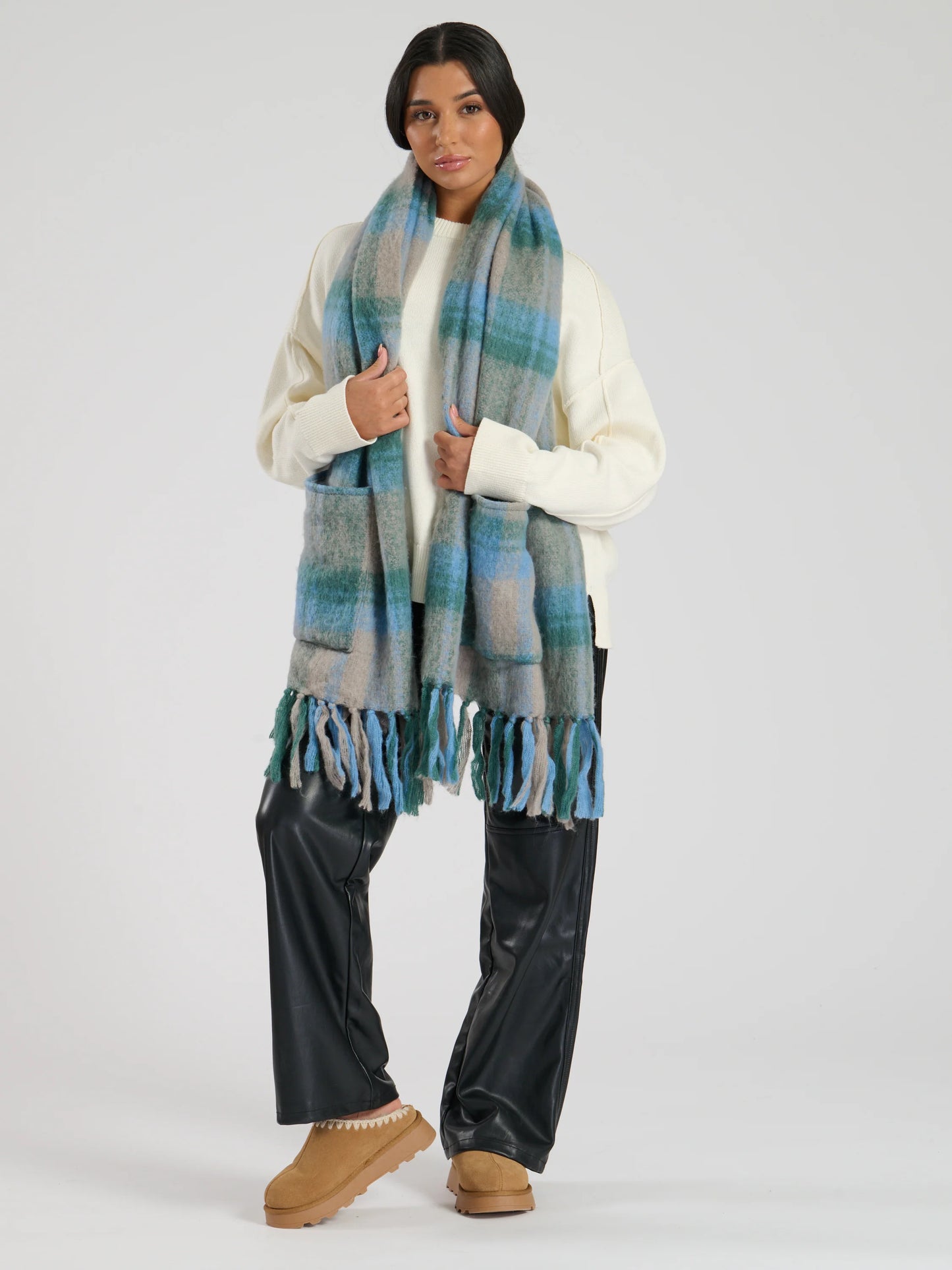 Blue / Grey Check Oversized Pocket Scarf