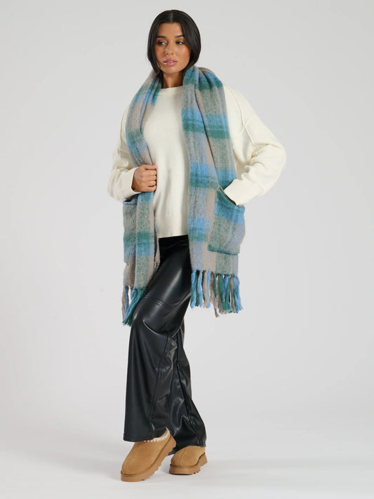 Blue / Grey Check Oversized Pocket Scarf