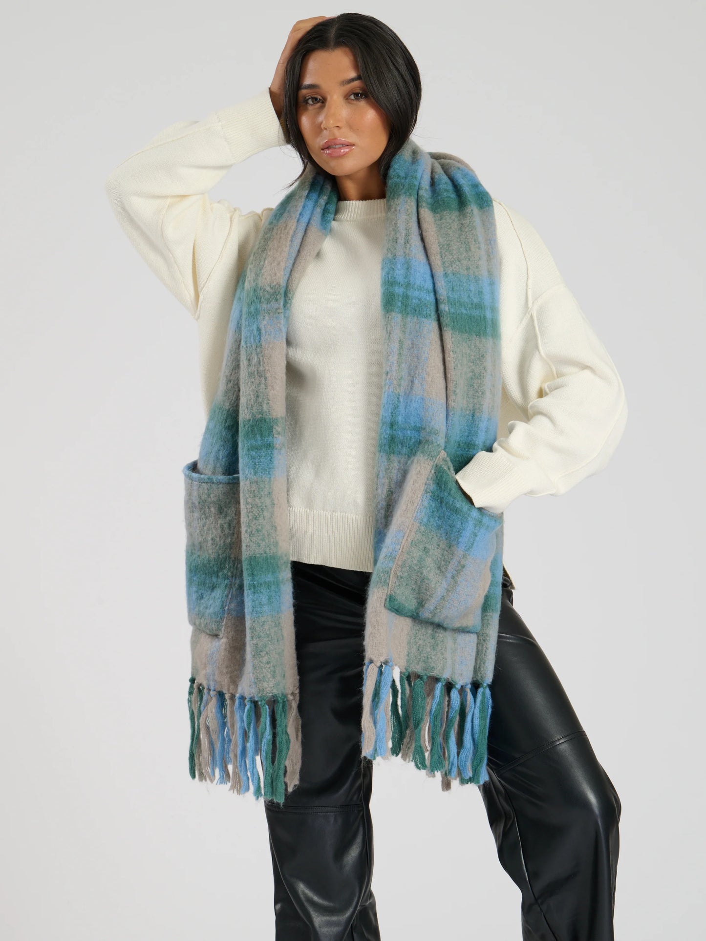 Blue / Grey Check Oversized Pocket Scarf