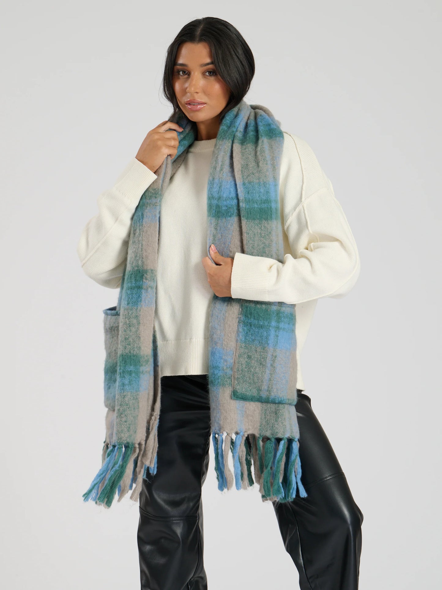 Blue / Grey Check Oversized Pocket Scarf