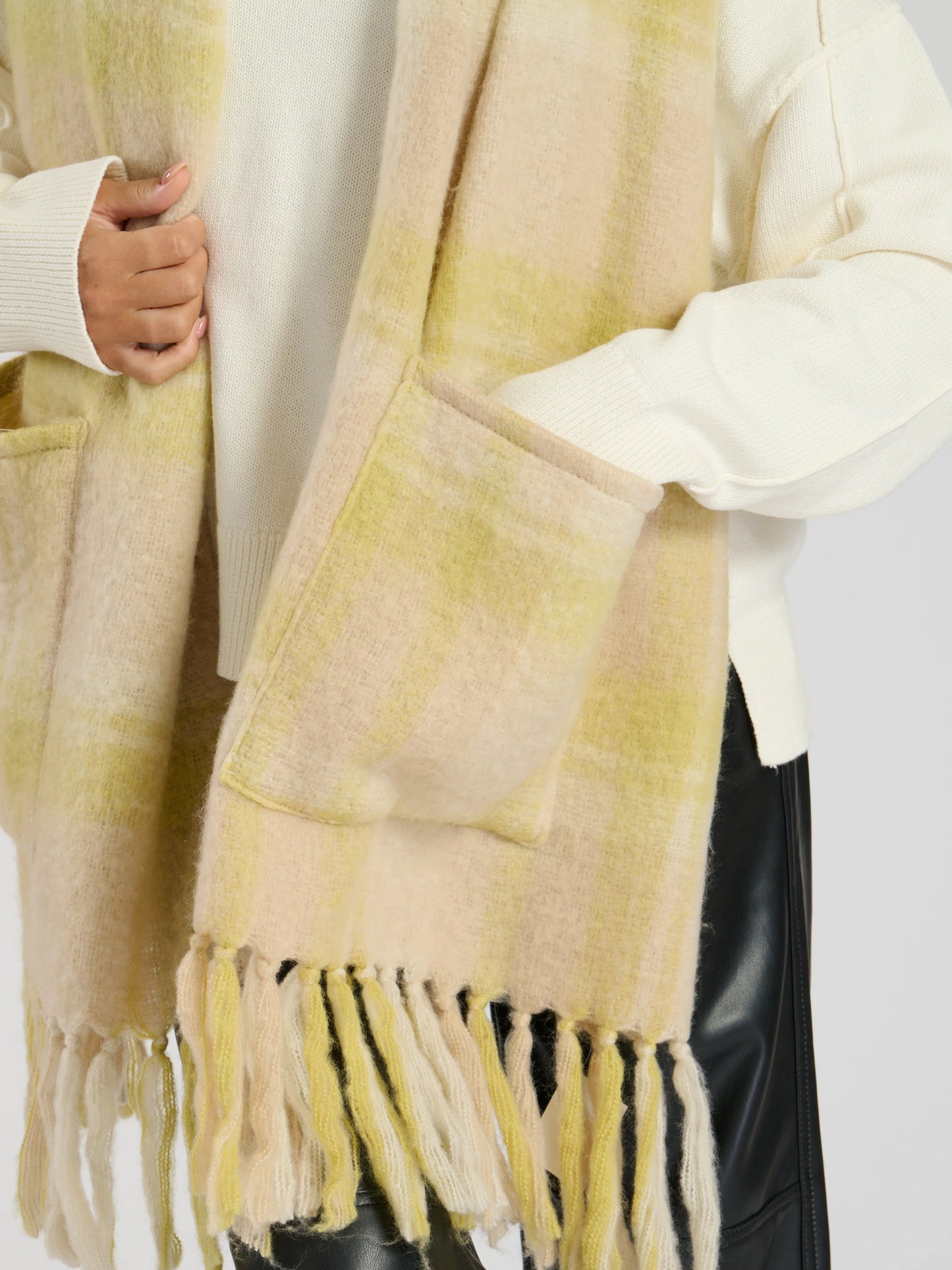 Yellow / Beige Check Oversized Scarf With Pockets