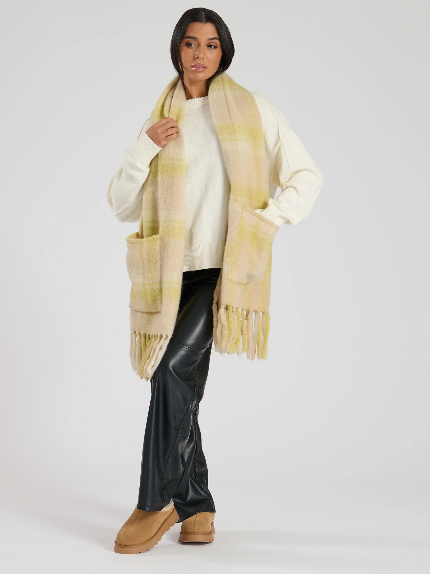 Yellow / Beige Check Oversized Scarf With Pockets