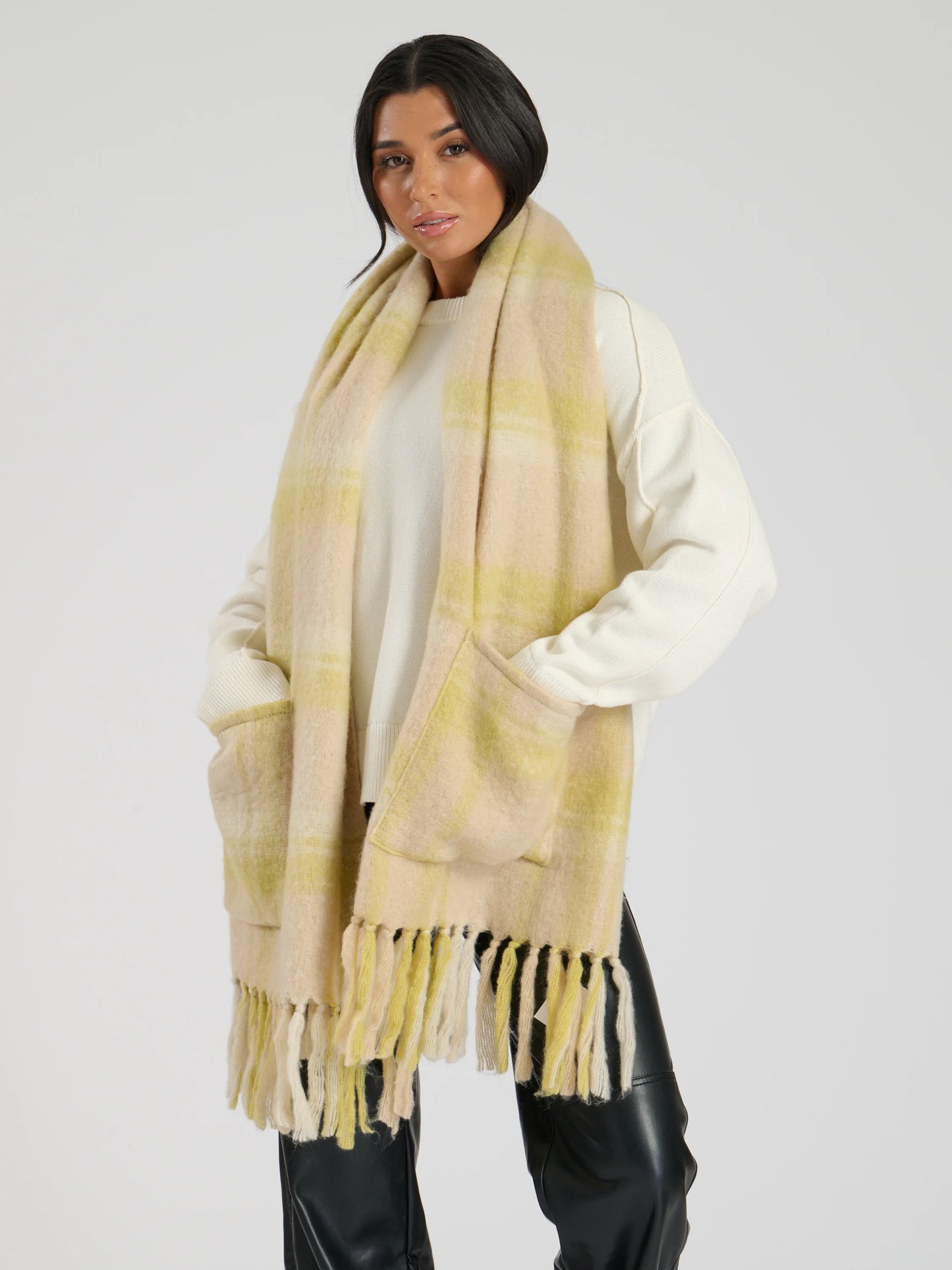 Yellow / Beige Check Oversized Scarf With Pockets