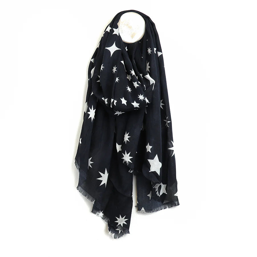 Dark Navy/Grey with Ecru Star Swirl Print Scarf