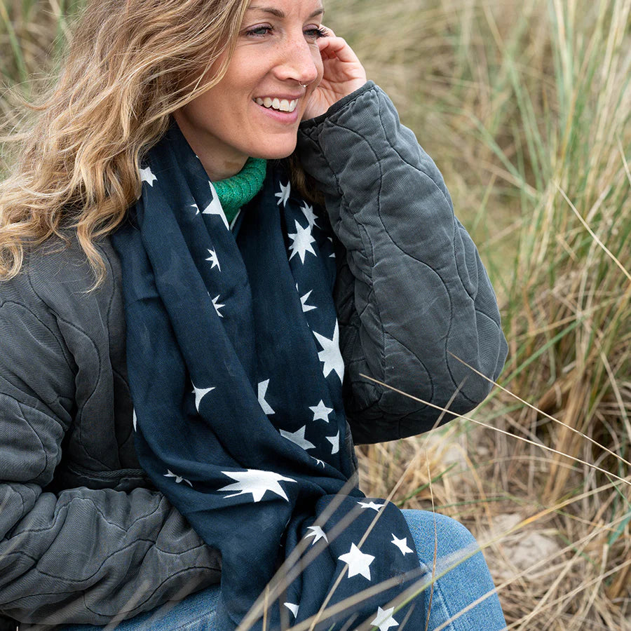 Dark Navy/Grey with Ecru Star Swirl Print Scarf