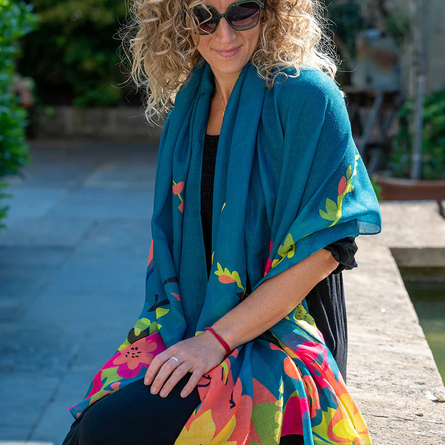 Teal Blue Recycled Scarf With Tropical Edge