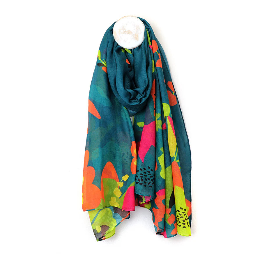 Teal Blue Recycled Scarf With Tropical Edge