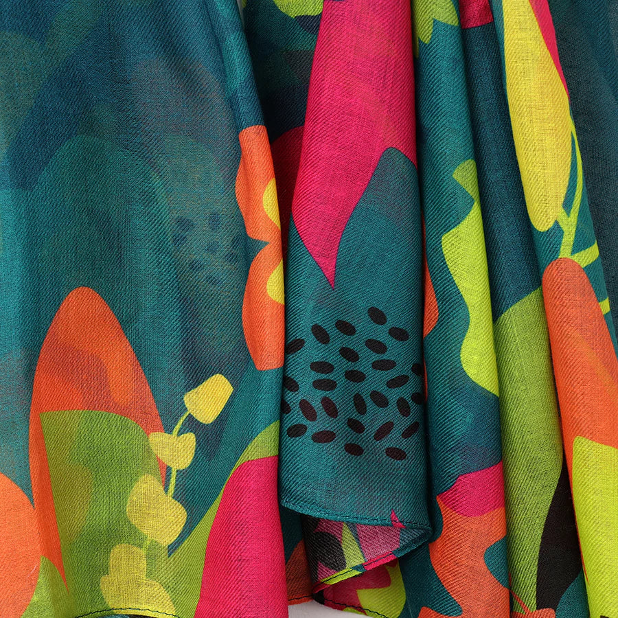 Teal Blue Recycled Scarf With Tropical Edge