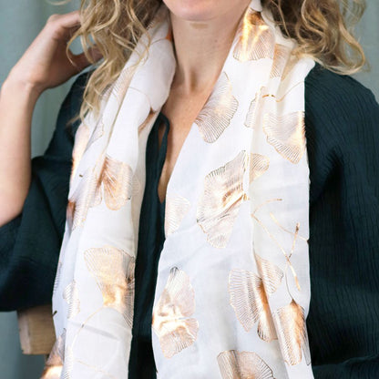 Recycled White and Rose Gold Ginkgo Print Scarf