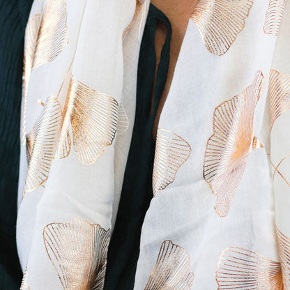 Recycled White and Rose Gold Ginkgo Print Scarf