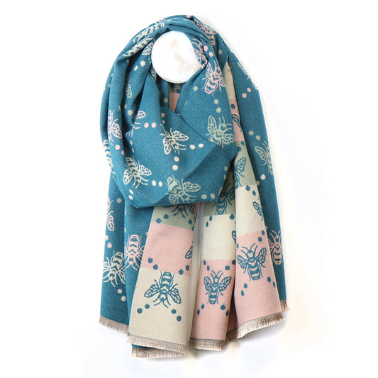 Teal Mix Bee & Stripe Jacquard Scarf