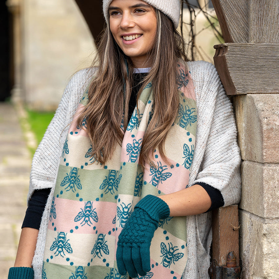 Teal Mix Bee & Stripe Jacquard Scarf