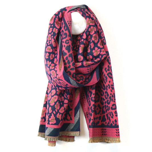 Reversible Navy Mixed Animal Print Pink Scarf