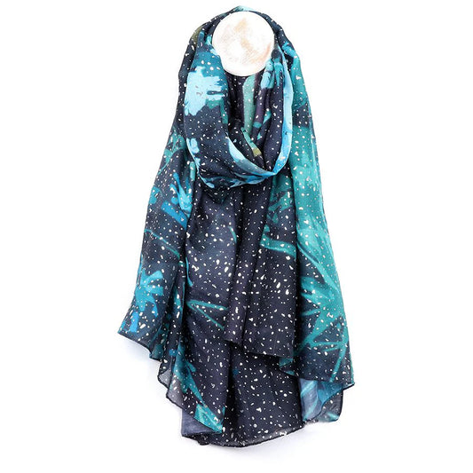 Recycled Blue Mix Abstract Floral & Metallic Scarf